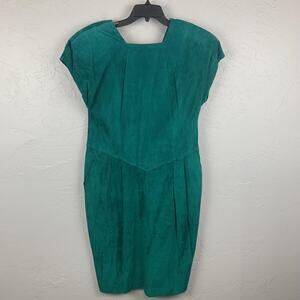 Vtg Valerie Stevens Suede Dress Womens 12 Teal Green Leather Cap Sleeve Back Zip